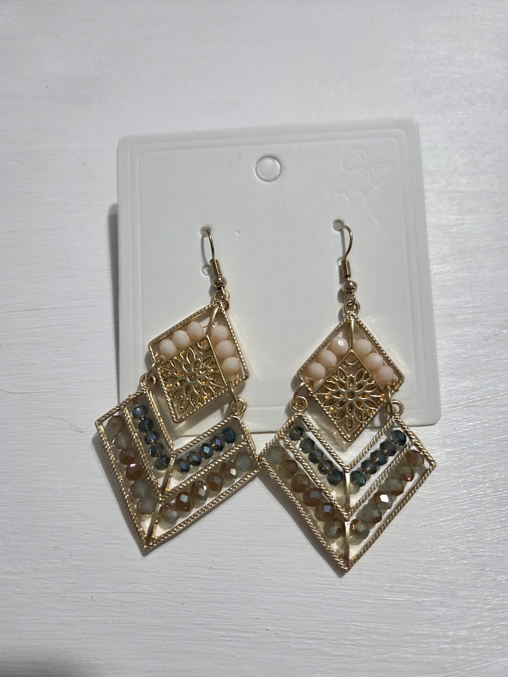 Gold Geometric Dangle Earrings with Blush and Multicolor Beads